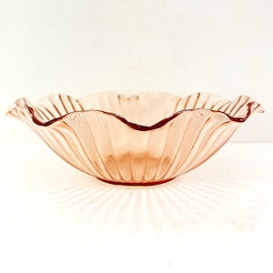 Vintage Glass Bowl Large Pink Ridged and Ruffled 12 inch Wide Pink Glass Depression Glass Bowl