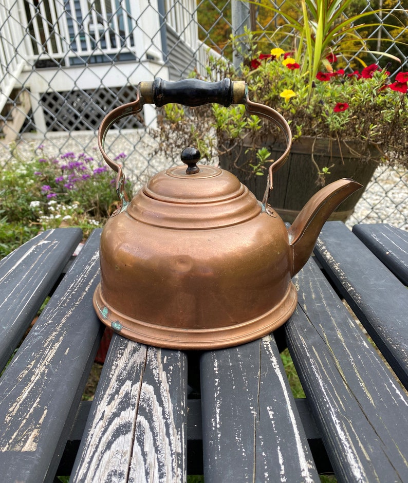 Vintage Copper Teapot Rustic Copper Tea Kettle With Wood Grip Etsy