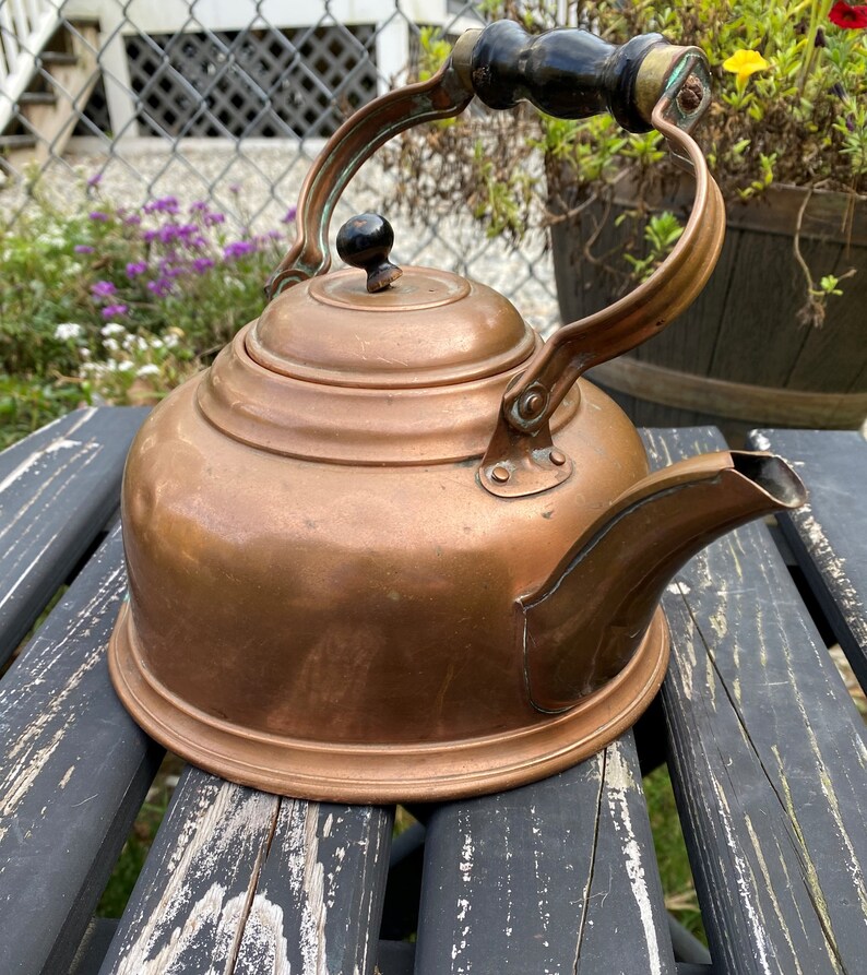 Vintage Copper Teapot Rustic Copper Tea Kettle With Wood Grip Etsy