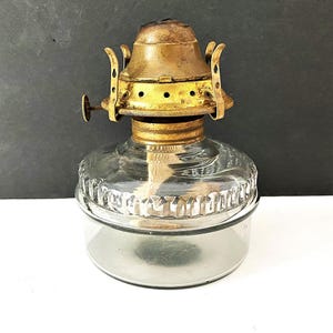 Antique Glass Oil Lamp with E. M. CO. Burner Heavy Vintage Glass Oil Lamp with Air Bubbles