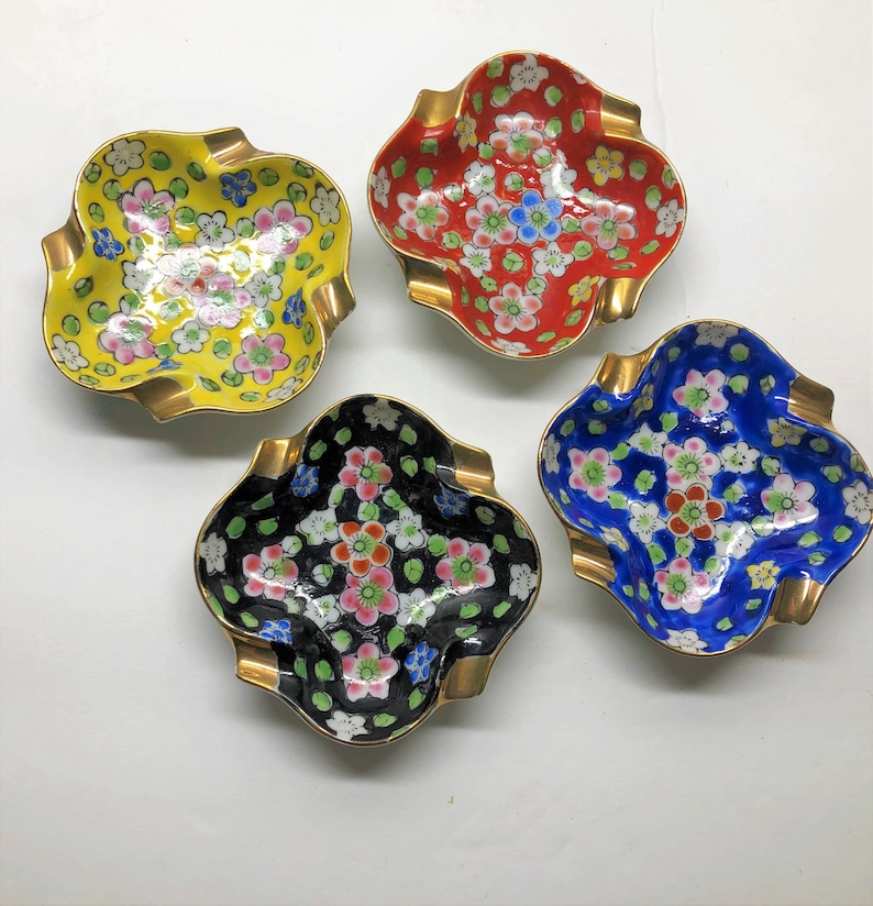 Red Blue and Black Perfect Size for Jewelry Vintage Ceramic China Trinket Dishes Set of Four Floral Stacking Dishes in Yellow