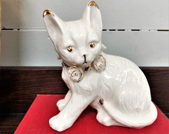 Vintage Porcelain Cat White Kitty with Gold Tip Ears, Tail and Gold Rose Bud Collar 5 inch Collectible Cat Figurine