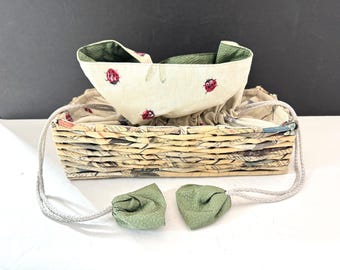 Vintage Basket with Cloth Liner Lady Bug Design Fabric Draw String Clouser Long Basket