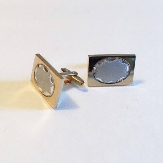 Vintage Cuff Links Gold Tone with Oval Silver Inl… - image 3