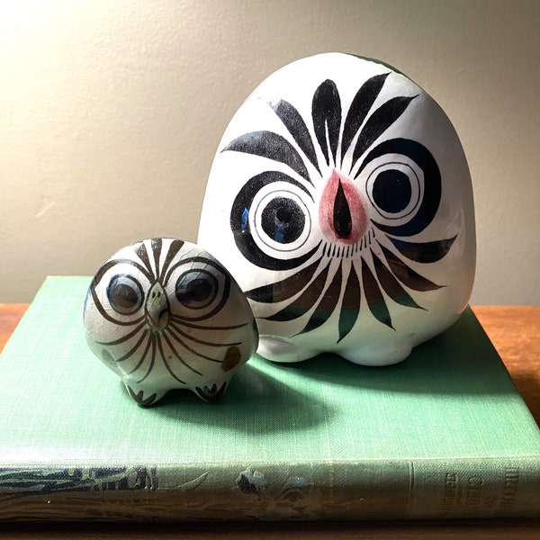 Vintage Mexican Tonala Art Pottery Owl Figurines Pair of Colorful Pottery Owl Figurines