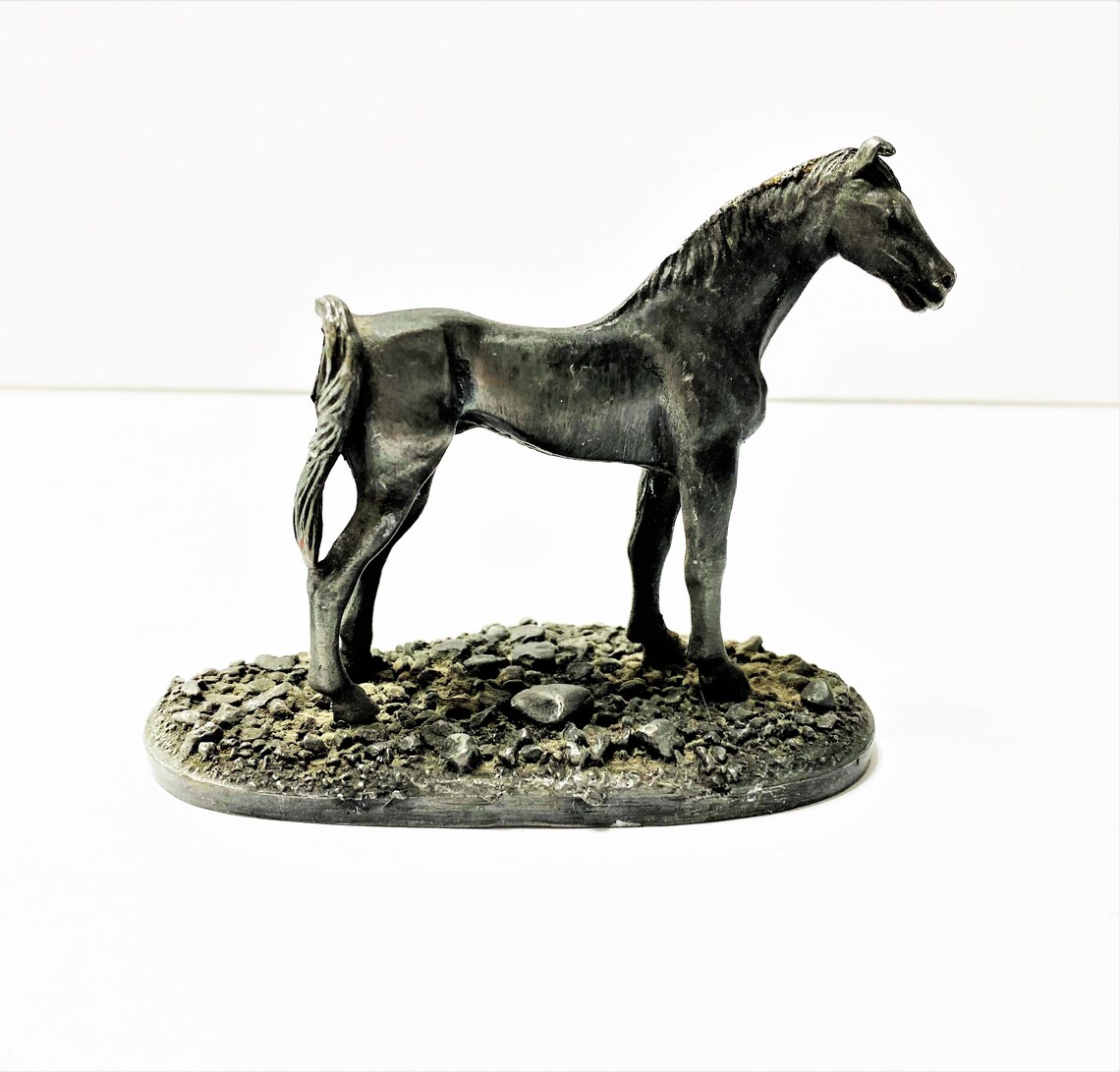 Vintage Cast Metal Pewter Horse Statue on Platform Desk Etsy