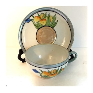 Vintage Lusterware Cup and Saucer Hand Painted Iridescent Blue and Colorful Flowers