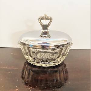 Vintage Covered Dish Glass Dish with Chrome Lid Kromex Vogue Giftware Mid Century Serving Dish, Trinket Dish