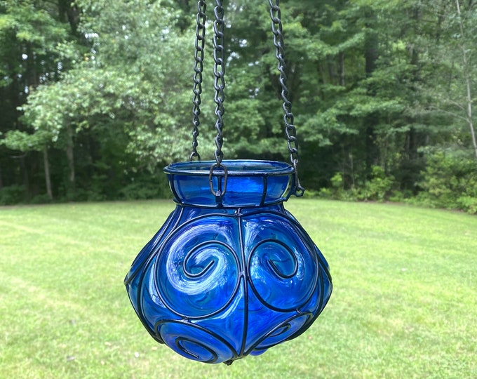 Vintage Cobalt Blue Glass Vase, Hanging Glass Vase With Black Metal Surround, Hanging Candle