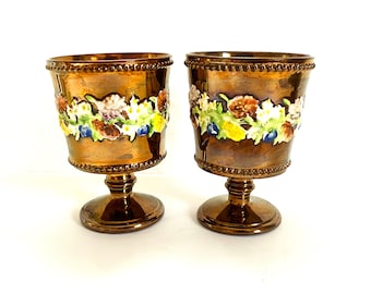 Vintage Goblets Copper Color Glass Floral Decorated Glassware Set of Two