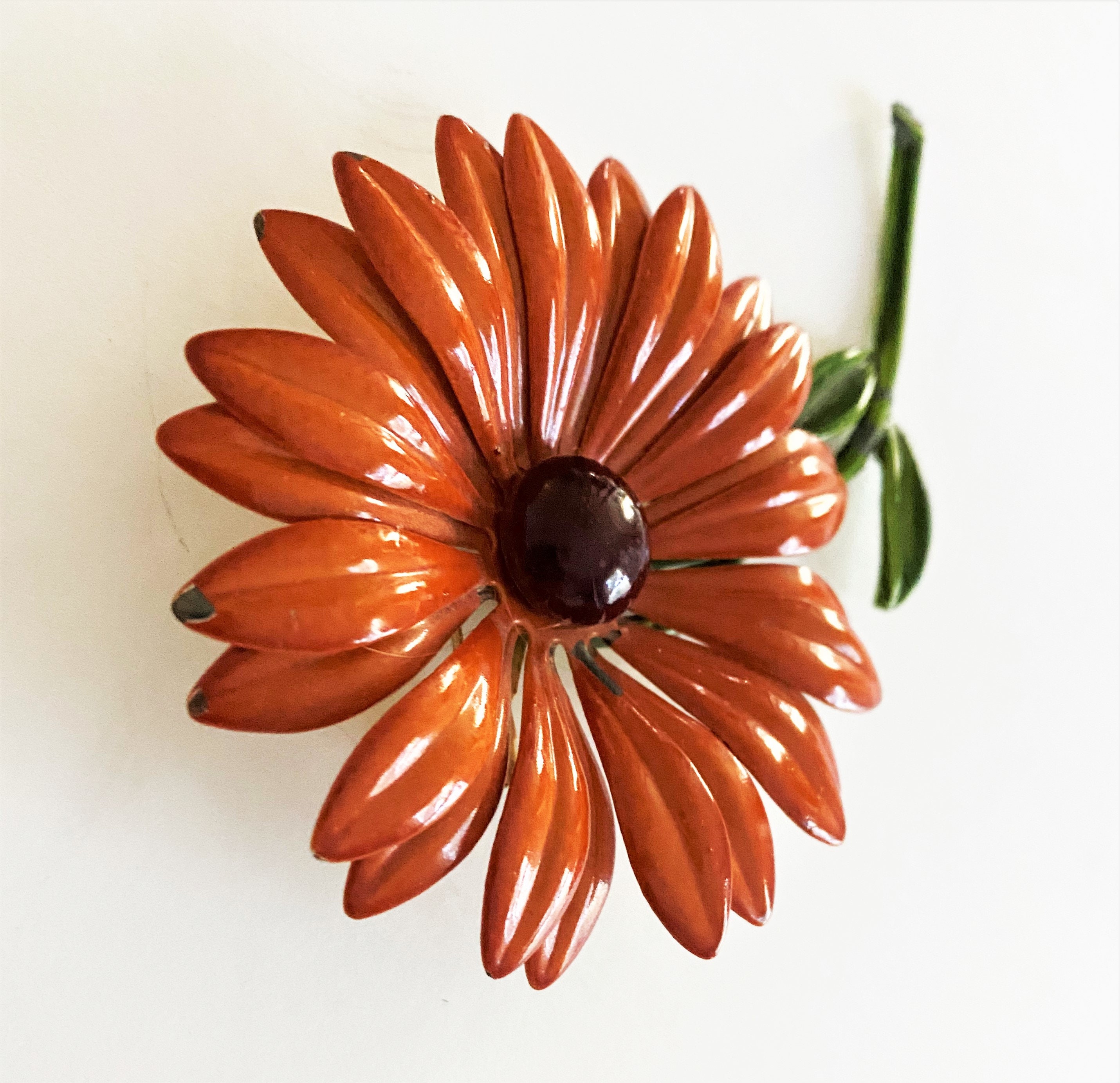 Vintage Metal Flower Brooch With Orange Enamel Petals and Etsy