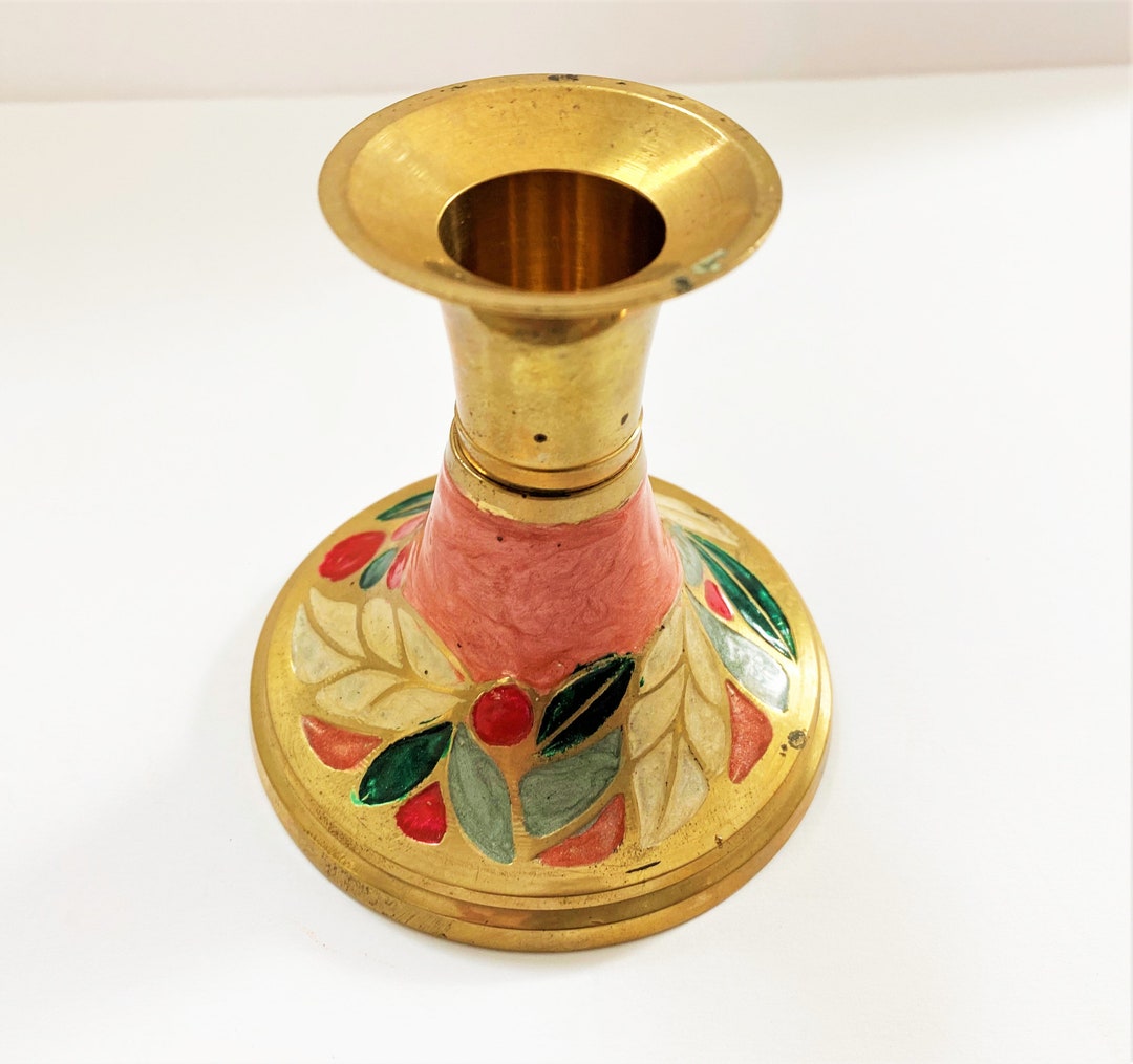 Vintage Brass and Enamel Candleholder Taper Candle Holder Gold and Pink