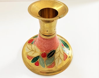 Vintage Brass Candleholder Gold, Pink and Green