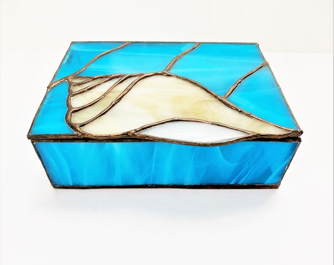 Vintage Stained Glass Box With Cog Shell Design Blue Glass Jewelry Box