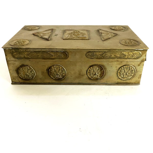 Vintage Chinese Hinged Brass Box Wood Lined Cigarette Box with Buddha, Butterflys, Deities and Calligraphy Gobal Decor