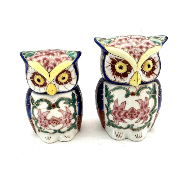 Vintage Porcelain Owl Figurines Colorful Owl with Removal Head to Reveal a Jar or Container for Small Items Measures 4 inches