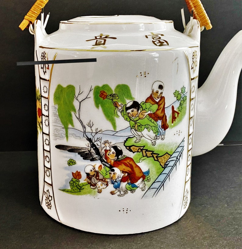 Vintage Japanese Teapot With Two Bamboo Handles off White With Etsy