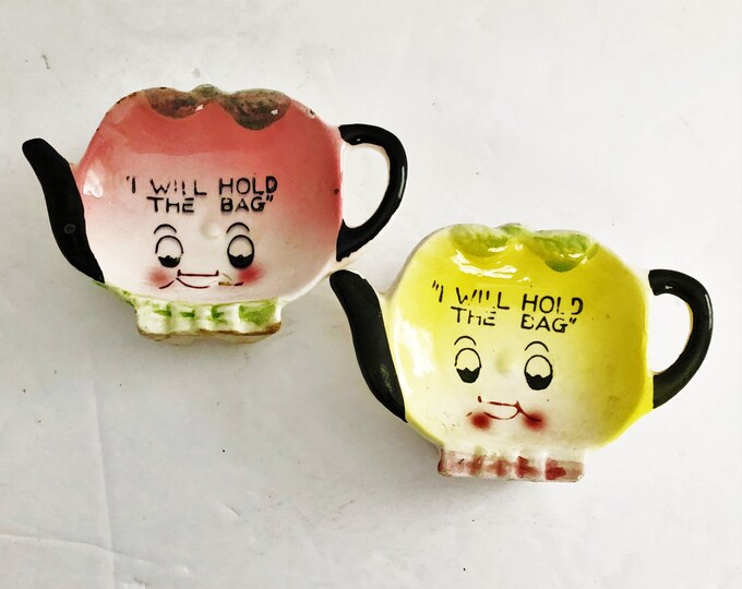 Vintage Ceramic Tea Bag Holders Pair of I Will Hold the Bag Tea Pots in