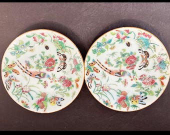Antique 19th-century Chinese Export Porcelain Plates with Celadon Glaze and Rose Polychrome Enamel