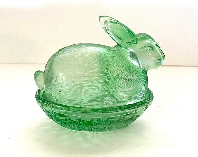 Vintage LE Smith Glass Bunny on Nest Green Glass Rabbit on Nest Trinket