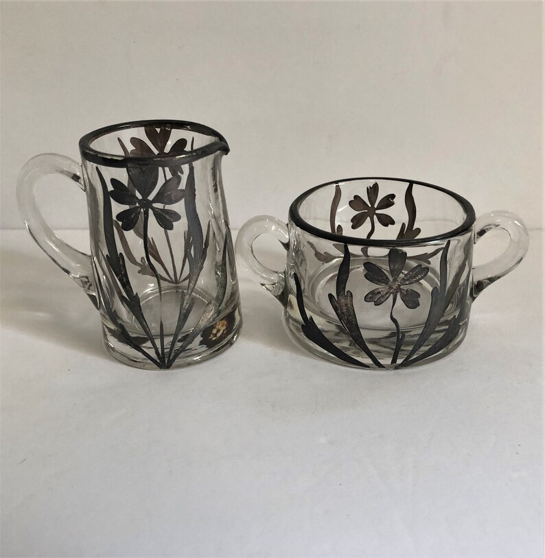 Vintage Glass Sugar and Creamer With Silver Overlay Heavy Etsy