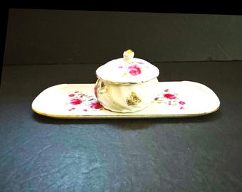 Vintage Royal Albert American Beauty China Tray with Covered Dish with Covered Trinket Jar Perfect for Vanity and Holding Jewelry