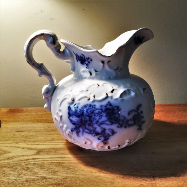 Antique Flow Blue Pitcher WH Grindley & CO England Semi Porcelain Floral Flow Blue China Gold Highlights High Relief Design Boston