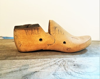 Vintage Wood Shoe Form Small Child Size Shoe Last Metal Heel and Top Ankle Marked 11 C, Industrial Decor, Rustic Decor