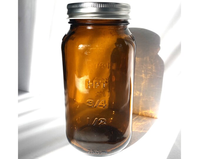 Vintage Amber Mason Jar 750 Ml Amber Glass Jar Silver Shrew on Lid Etsy