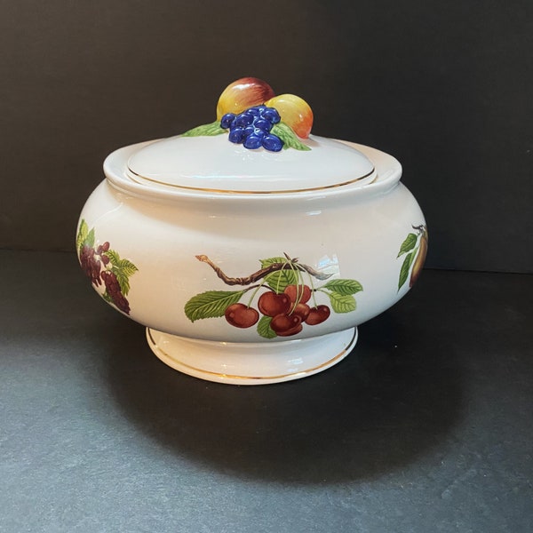 Vintage Casserole with Lid and Fruit Knob and Different Fruit all Around Gold Trim 1980s Teleflora Gift