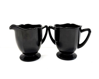 Vintage Black Amethyst Glass Sugar and Creamer by New Martinsville in the Fancy Square Scalloped Glass Pattern circa 1930s