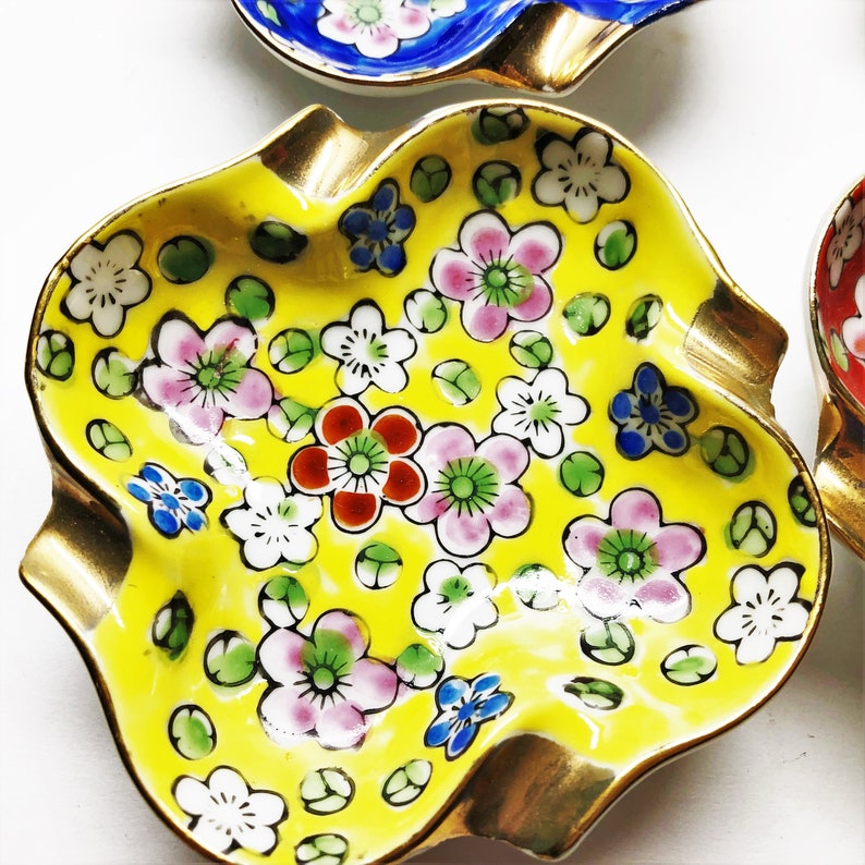 Red Blue and Black Perfect Size for Jewelry Vintage Ceramic China Trinket Dishes Set of Four Floral Stacking Dishes in Yellow