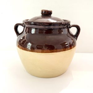 Vintage Monmouth Pottery Bean Pot with Lid 2 Tone Large Double Handled Stoneware Casserole Dish