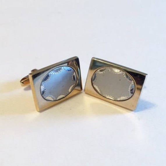 Vintage Cuff Links Gold Tone with Oval Silver Inl… - image 1