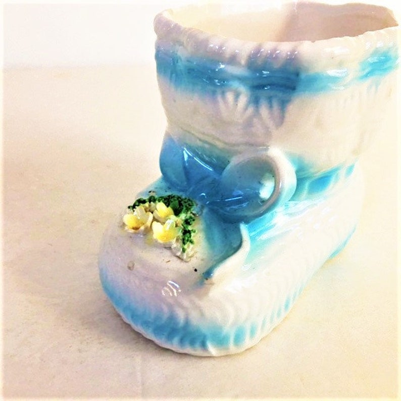 Vintage Ceramic Baby Shoe Planter Baby Room Decor Blue and White Baby Shoe Container image 3