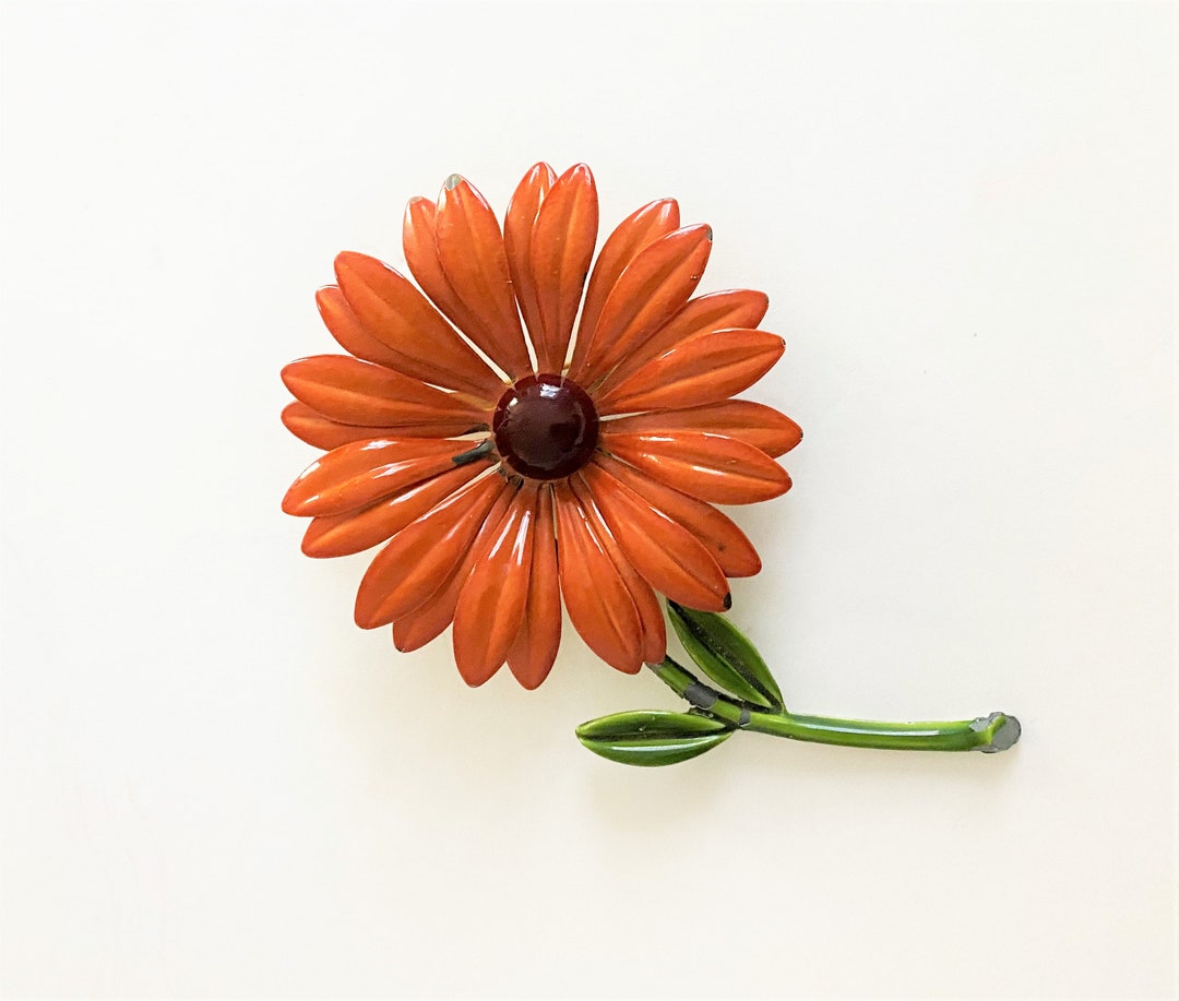 Vintage Metal Flower Brooch With Orange Enamel Petals and Etsy