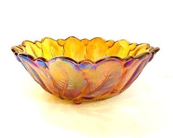 Vintage Indiana Amber Carnival Glass Scalloped Bowl Iridescent Glass