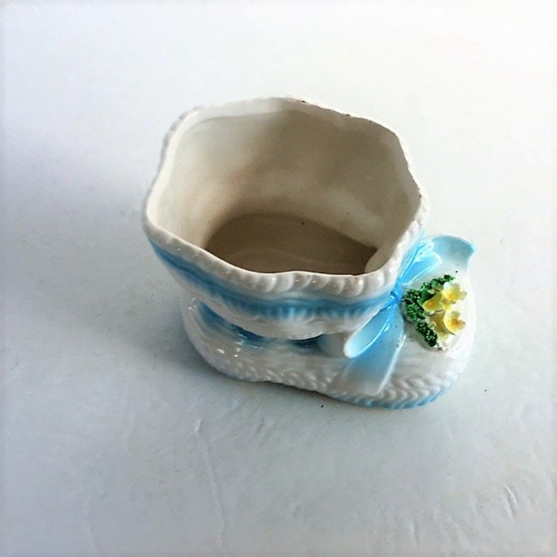 Vintage Ceramic Baby Shoe Planter Baby Room Decor Blue and White Baby Shoe Container image 4