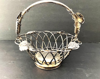 Vintage Godinger Silver Plated Basket with Grape Leaf Design and Swivel Handle Gift Idea, Table Centerpiece