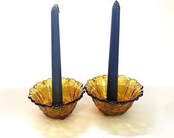 Vintage Indiana Amber Carnival Glass Scalloped Bowl Iridescent Glass Pair Candlestick Holders
