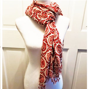 Vintage Scarf, Shawl or Wrap in Shades of Reds Bohemian Print Versatile Shawl with Fringe