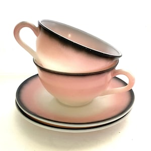 Vintage Hazel Atlas Platonite Ovide Pink & Black Cup and Saucer Set of Two Translucent Milk Glass Cup and Saucer