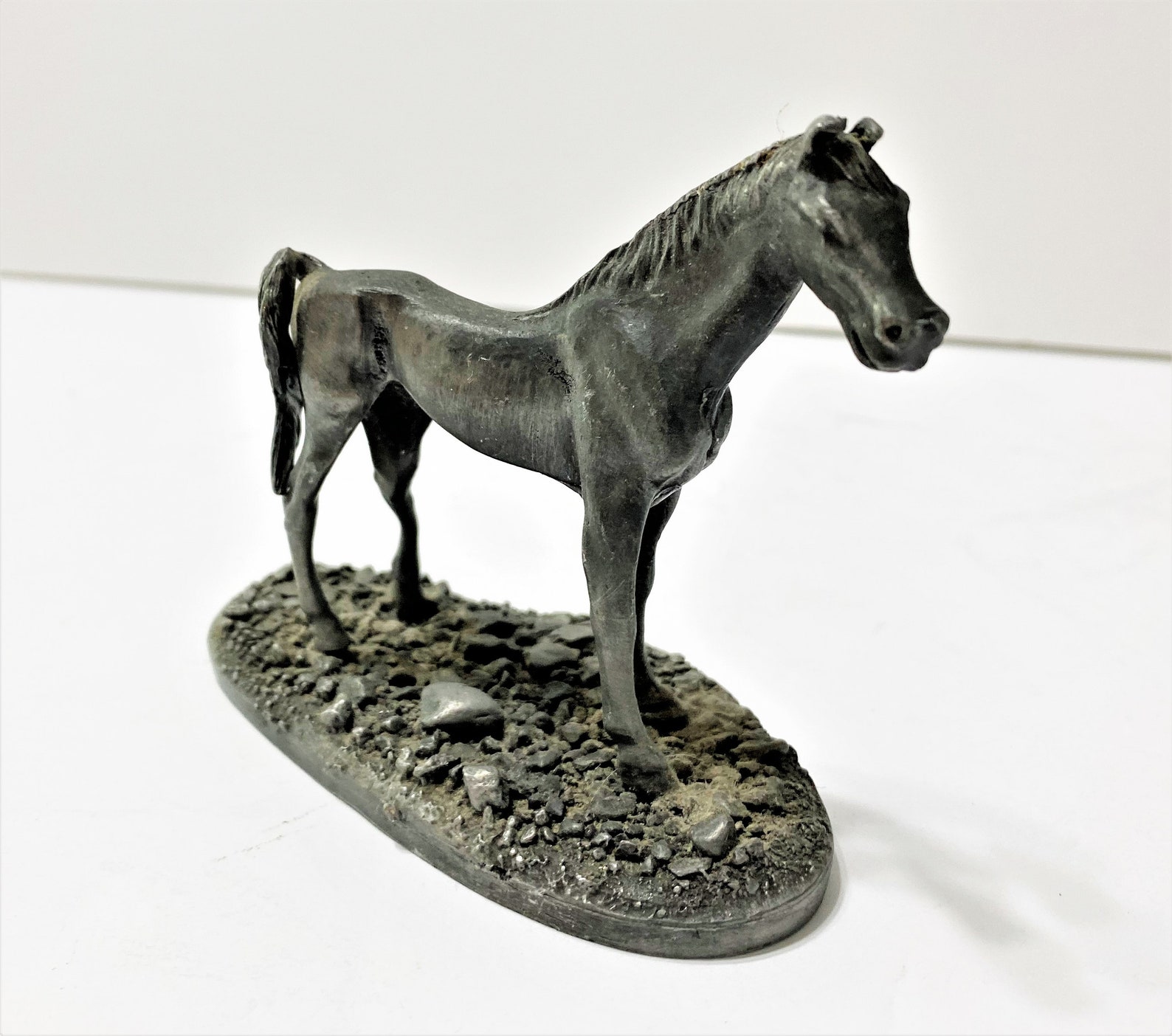 Vintage Cast Metal Pewter Horse Statue on Platform Desk Etsy