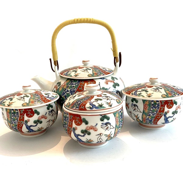 Vintage Traditional Japanese Teapot with 3 Cups with Lids, Beautiful Porcelain Tea Set in Multi Colors with Bamboo Handle