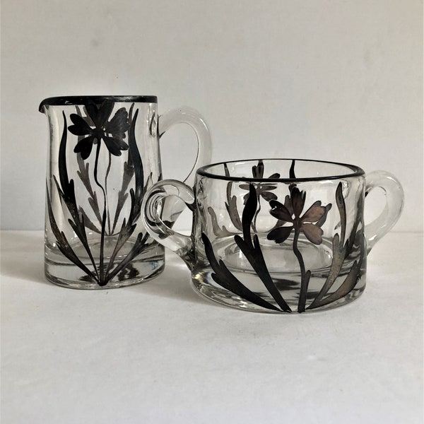 Vintage Sugar and Creamer Glass with Silver Overlay Heavy Glass Creamer and Open Sugar with Double Handles Early 20th Century