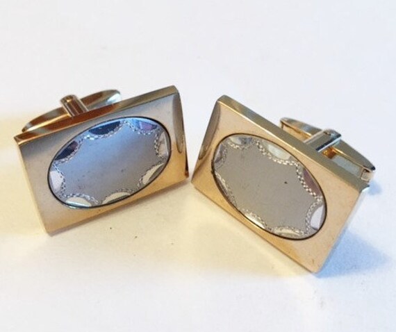 Vintage Cuff Links Gold Tone with Oval Silver Inl… - image 2