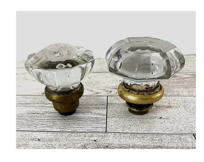 Antique Glass Doorknobs With 12 and 8 Point Molded Glass Pair of