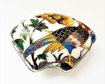 Vintage Porcelain Trinket Dish Exotic Bird and Flowers Design Bright Blue Interior