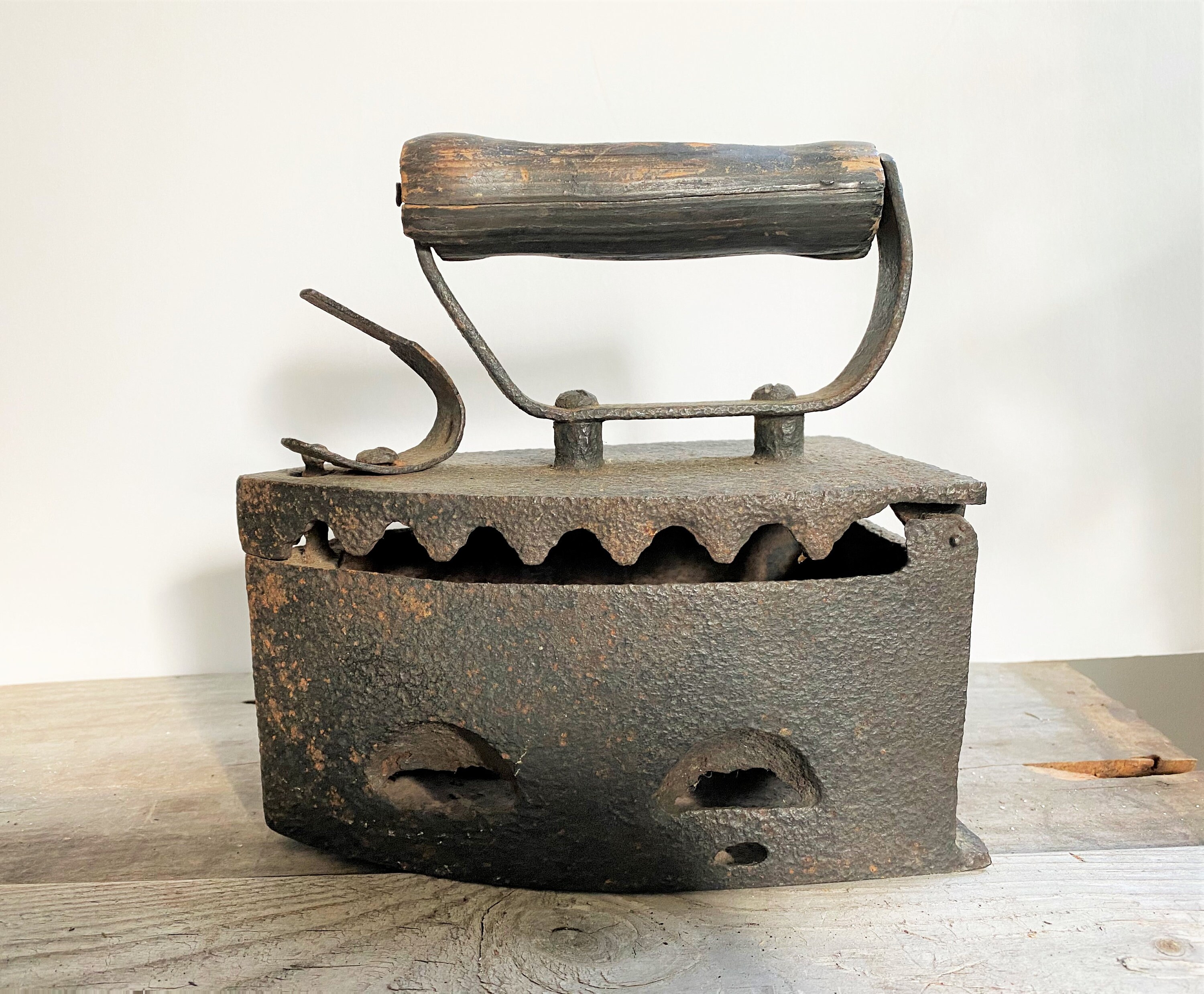 Antique Cast Iron Hot Coal Fired Sad Iron with Wood Handle Etsy
