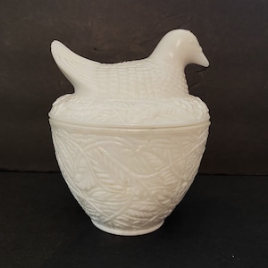 Vintage Milk Glass Dove on Nest Covered Trinket Dish, Small Candy Dish, circa 1970 Avon Glass Figural Jar Ordinally Held a Candle, 5 inch
